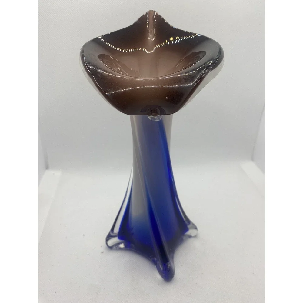 Vtg Jack in the Pulpit Calla Lilly Hand Blown Art Glass Blue & Dark Purple